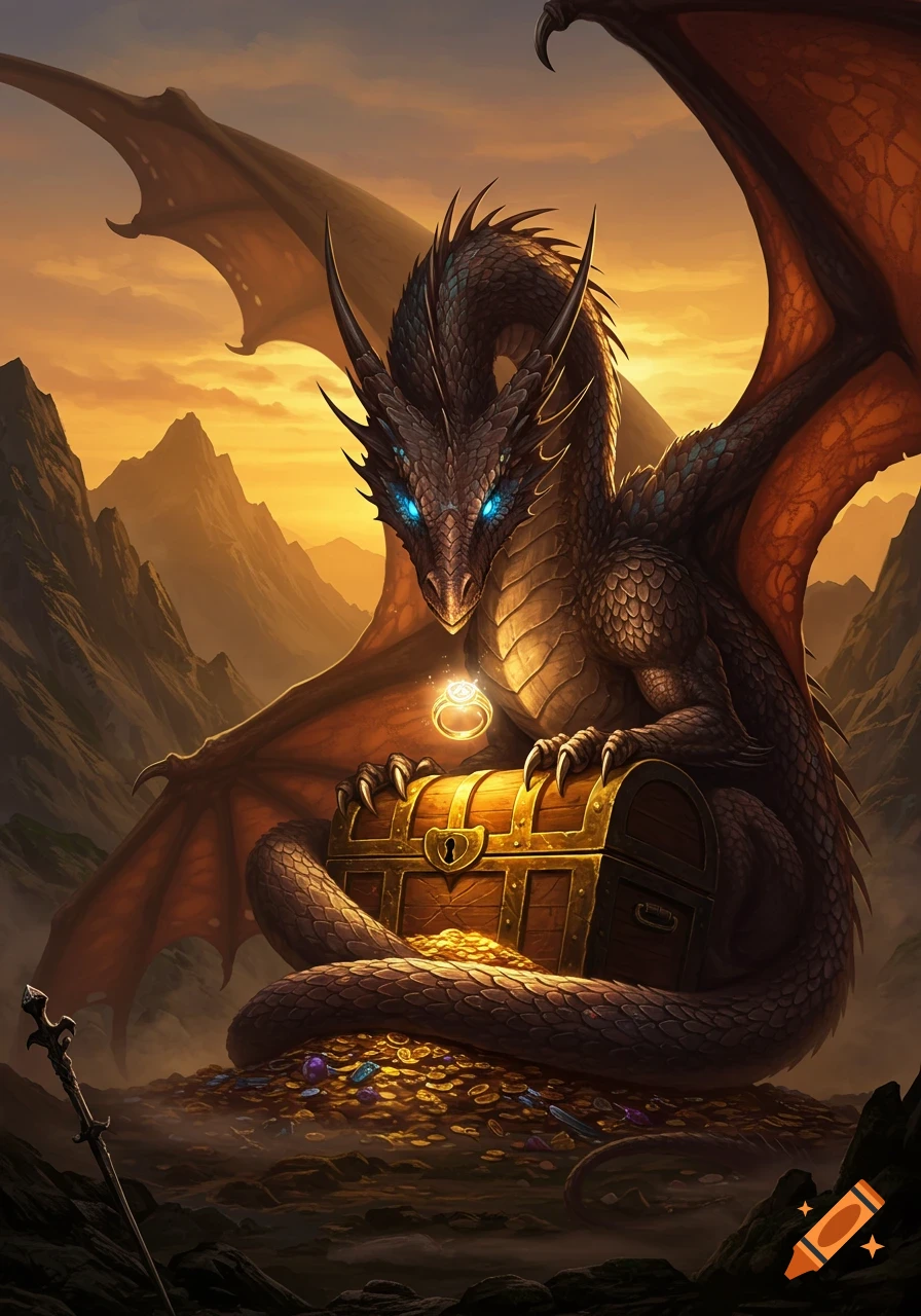 A majestic black dragon with glowing blue eyes guards a treasure chest and a pile of gold in a mountainous landscape at sunset, holding a glowing ring.