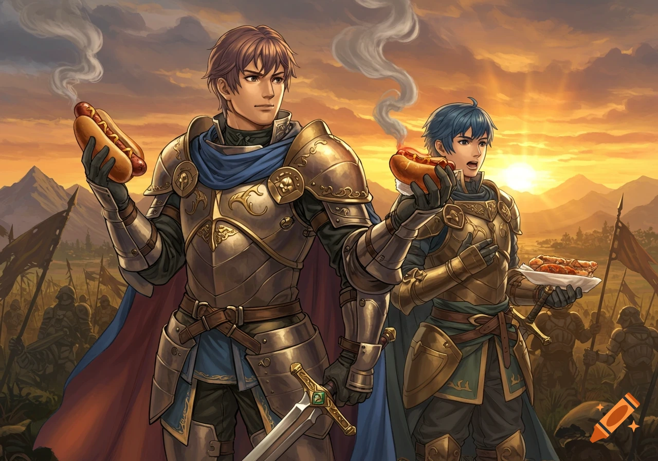 Two armored knights, one brown-haired and one blue-haired, hold steaming hotdogs on a sunset battlefield.