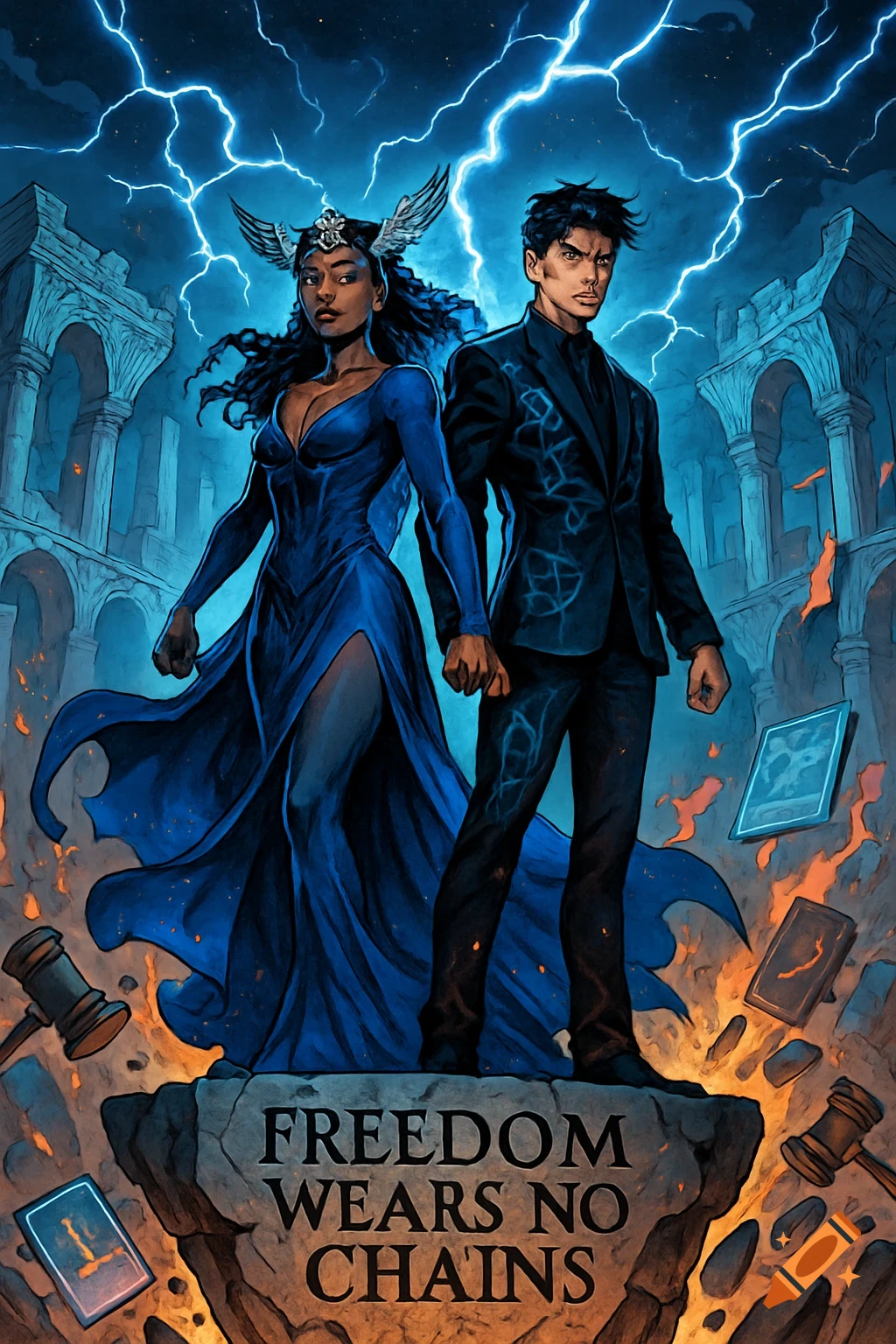 Comic book style image of a powerful duo, a woman in blue and a man in a suit, standing on ruins with lightning. Text: Freedom Wears No Chains.