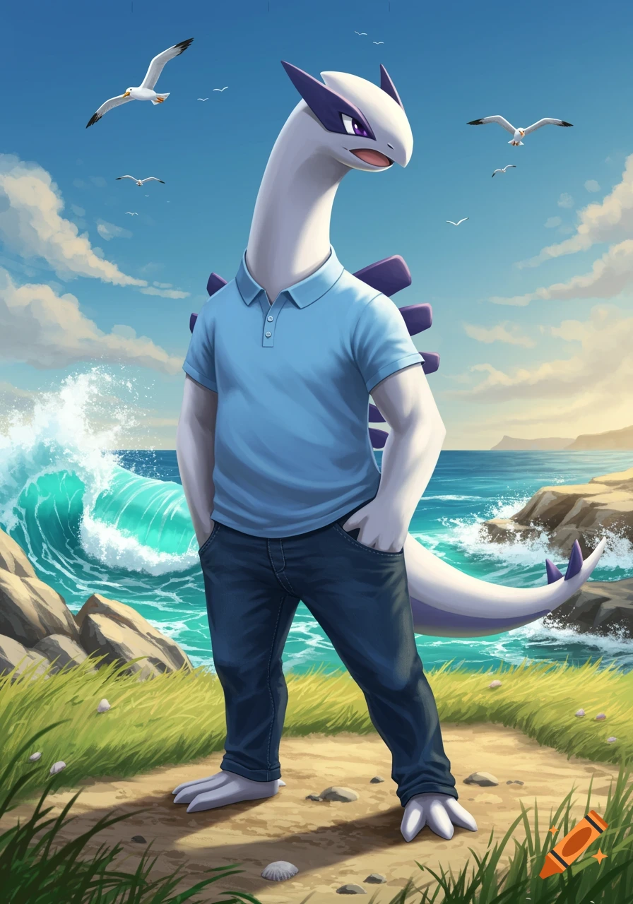 Lugia from Pokemon wearing a light blue polo shirt and jeans, standing on a grassy path by a rocky beach with waves and seagulls.