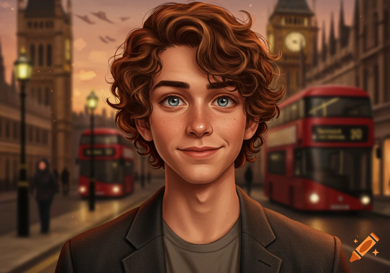 A stylized portrait of a young man with curly brown hair and blue eyes, smiling in front of a blurred London street with red double-decker buses and Big Ben.