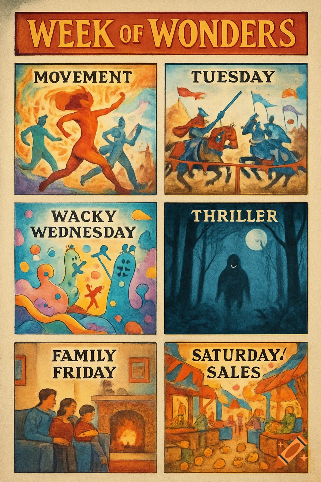 A vintage-style poster advertising "Week of Wonders" with six panels. Each panel depicts a different themed event: people running for Movement, knights jousting for Tuesday, whimsical creatures for Wacky Wednesday, a shadowy figure in a forest for Thriller, a family by a fireplace for Family Friday, and a bustling market for Saturday/Sales.