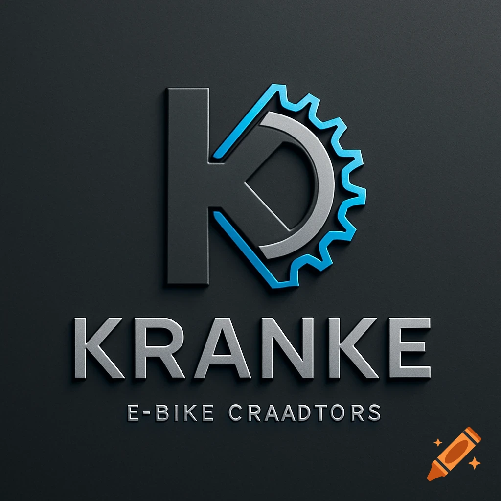 A 3D metallic grey and blue logo for 'KRANKE E-BIKE CRAADTORS' featuring a stylized 'K' combined with a bicycle sprocket.