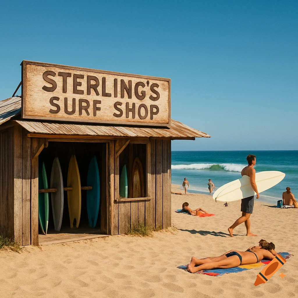 A photorealistic image of a wooden surf shop shack on a sandy beach under a clear blue sky. A sign on the shack reads "STERLING'S SURF SHOP". Several colorful surfboards are stored inside. People are seen on the beach, some sunbathing, others walking, and one man carries a surfboard toward the ocean waves in the distance.