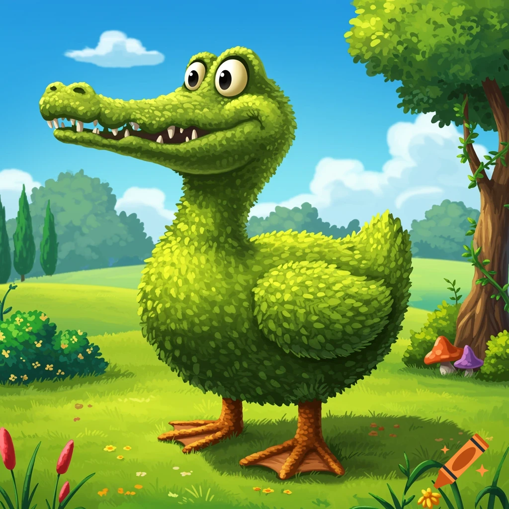 A cartoon topiary creature with a crocodile head and duck body stands in a sunny green field.