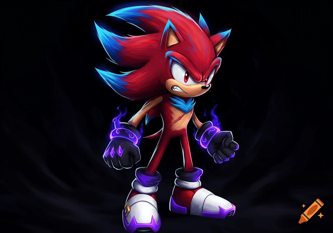 A red and blue hedgehog-like character with glowing purple arm and leg rings and a scar on its chest stands against a dark background, looking angry.