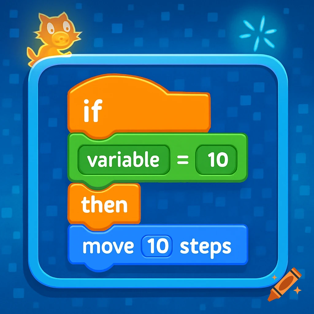 Colorful block coding interface with 'if variable = 10 then move 10 steps' block and a cartoon cat.