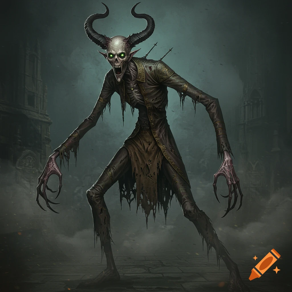 A tall, skeletal demon with horns and glowing green eyes stands in gothic ruins, digital painting.