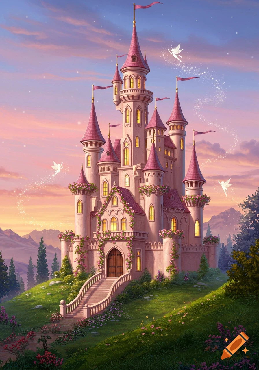 A beautiful pink fairy castle on a grassy hill, adorned with flowers, under a pastel sunset sky with fairies and sparkling dust.