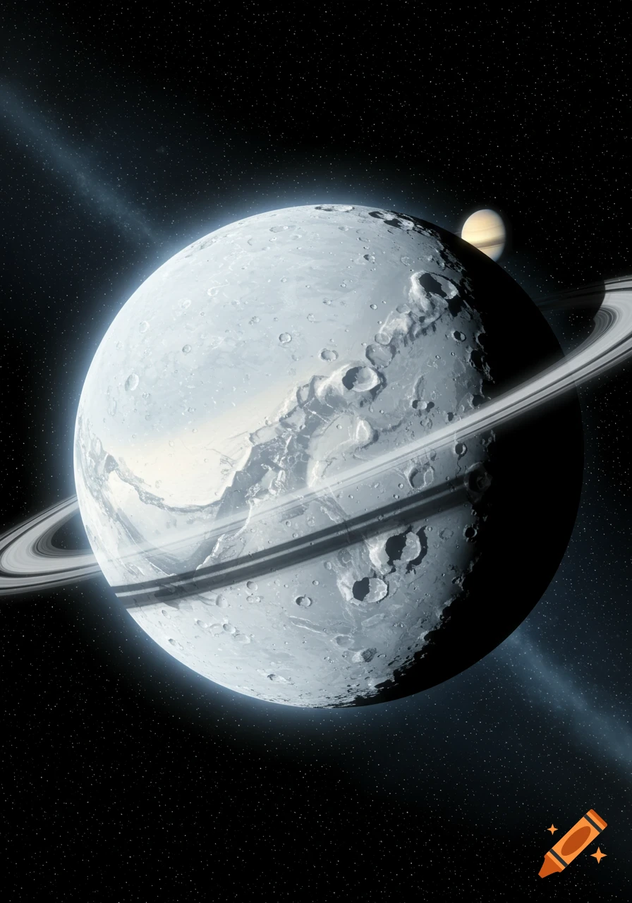 A cratered, icy moon with prominent rings orbits in dark space, with a striped planet visible in the background.
