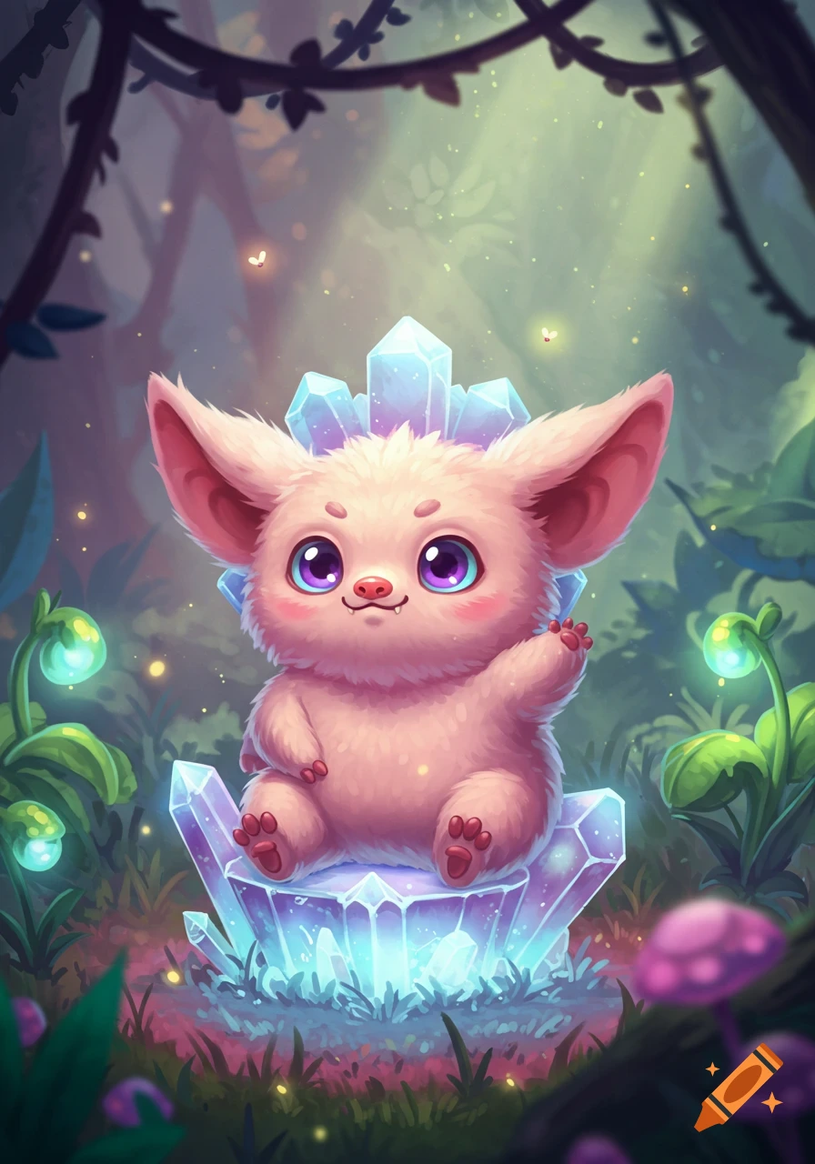 A fluffy pink creature with large ears and purple eyes sits on glowing blue and purple crystals in a magical forest.