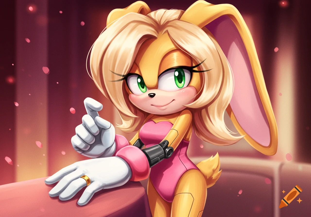 A golden-furred, green-eyed rabbit with blonde hair and cyborg parts wears a pink leotard, white glove, and gold ring, holding a finger up.
