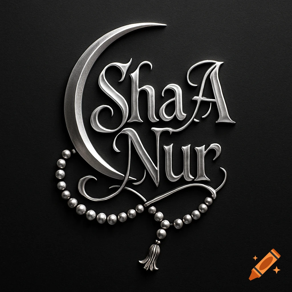 Silver 3D typography of 'ShaA Nur' with a crescent moon and prayer beads on a black background.
