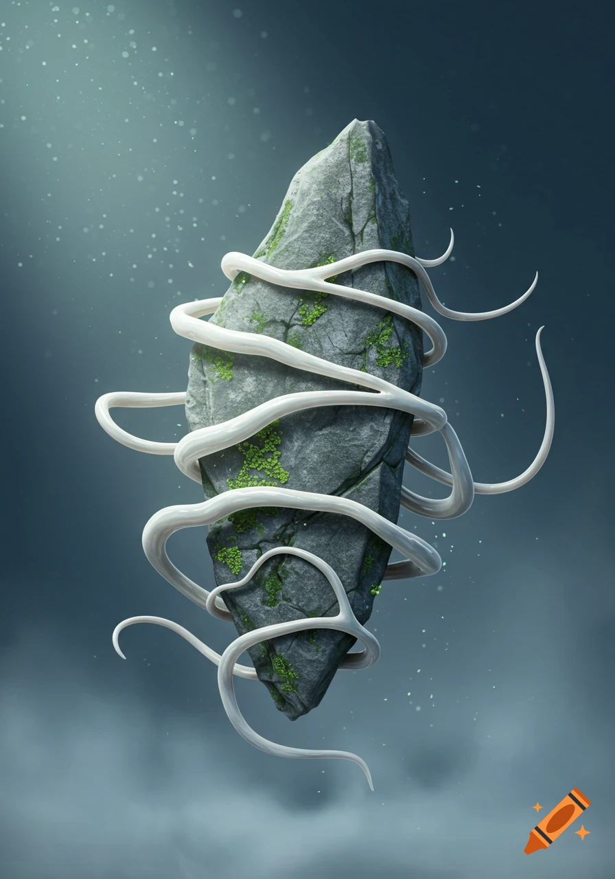 A jagged, moss-covered gray rock floats in a misty blue-green void, with smooth white tendrils wrapped around it.