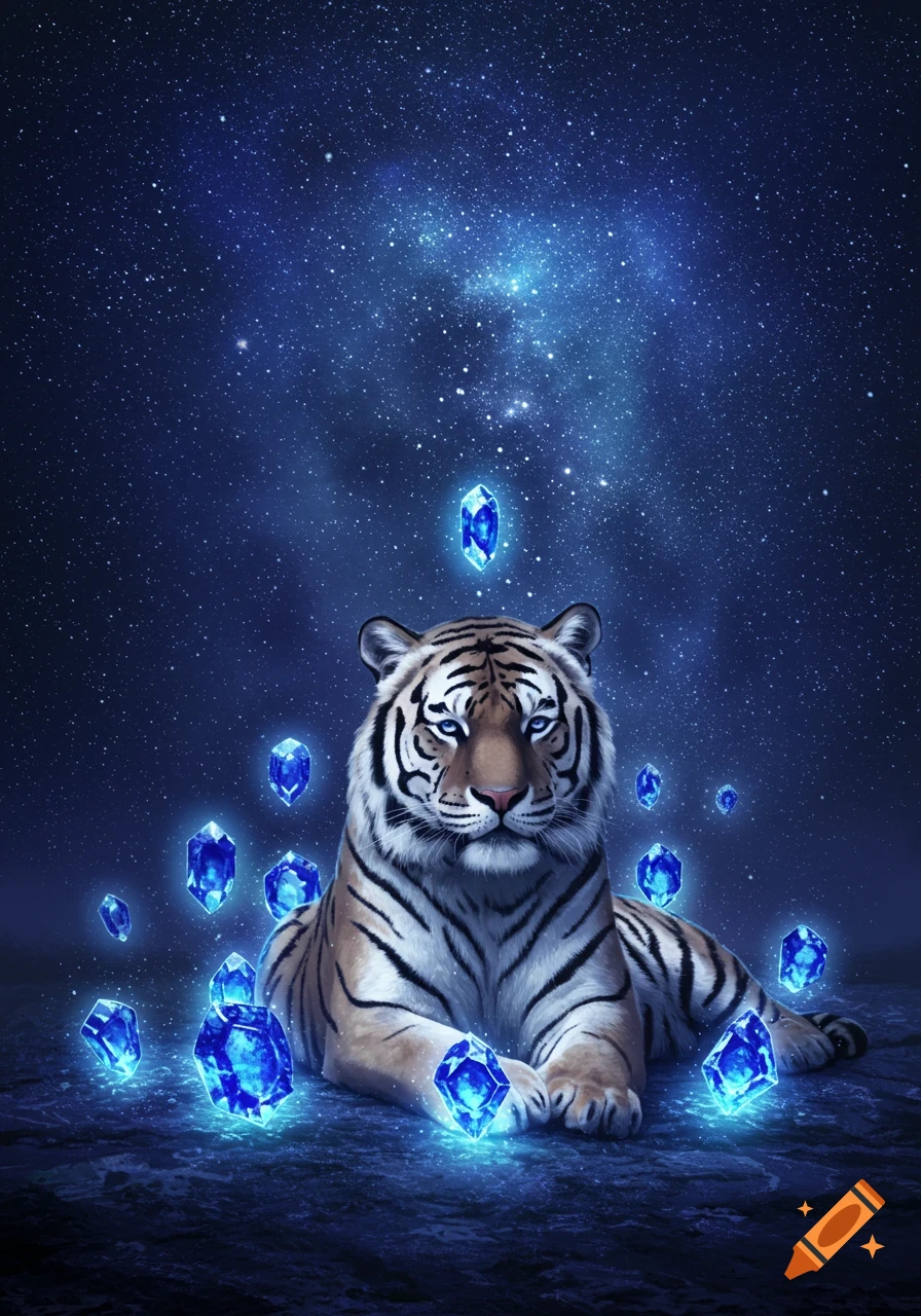A majestic tiger lies on the ground under a vibrant starry night sky, surrounded by glowing blue gemstones.