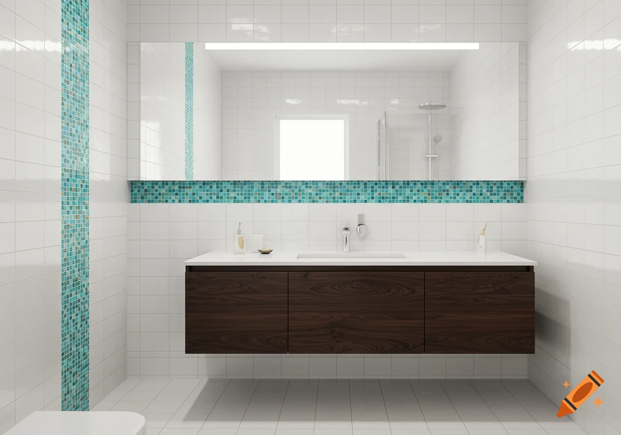 Modern bathroom with white tiled walls, a blue mosaic accent, and a dark wood floating vanity with a mirror.