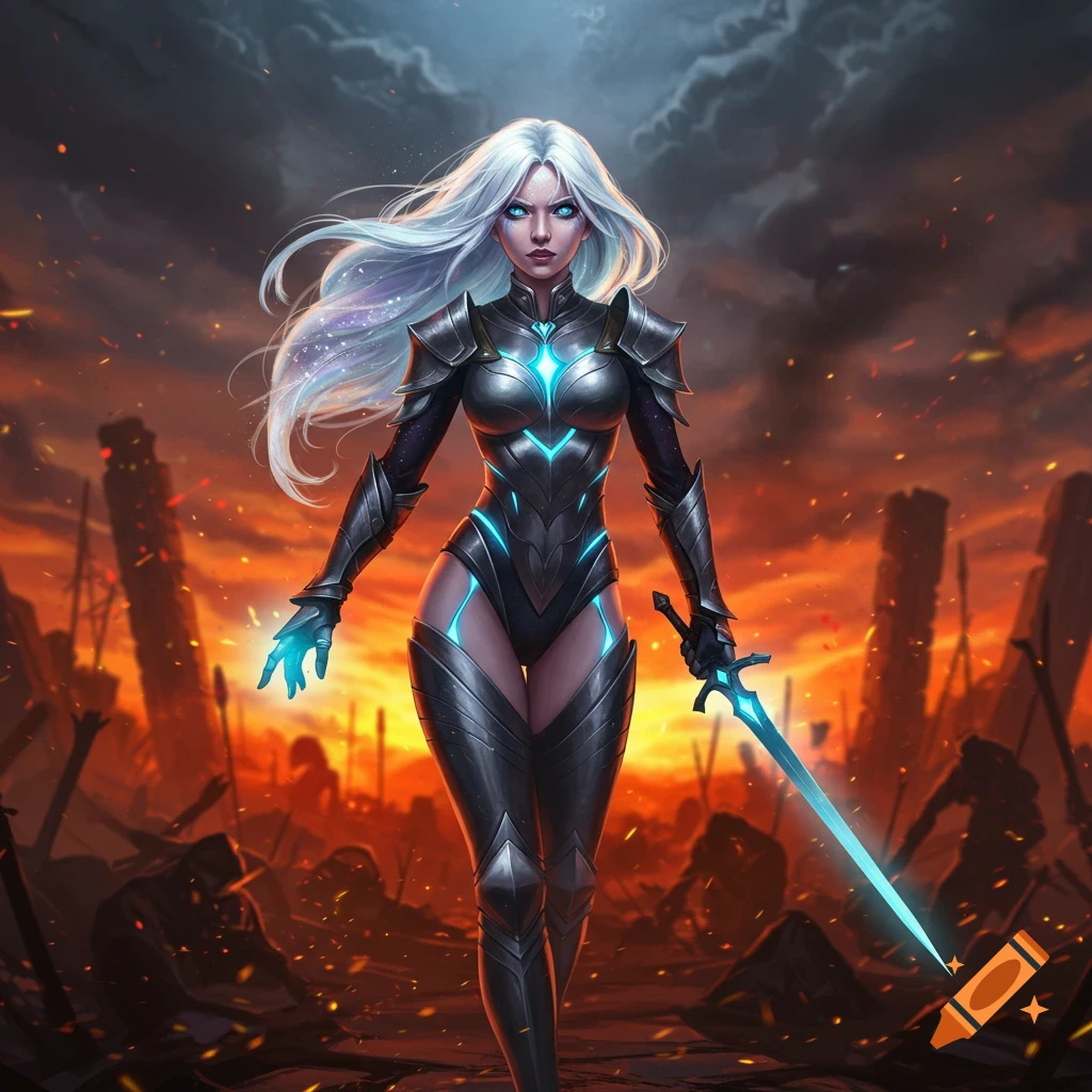 A female warrior with long white hair, glowing blue eyes, and an armored suit stands in a fiery battlefield, holding a glowing blue sword.