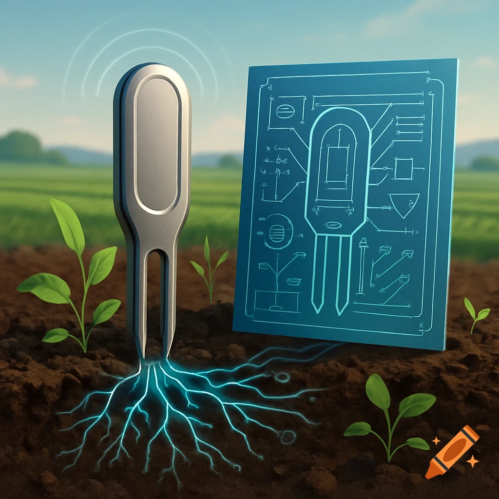 A smart soil sensor is planted in rich soil with glowing blue roots, beside a stylized blueprint, in a green field under a blue sky.
