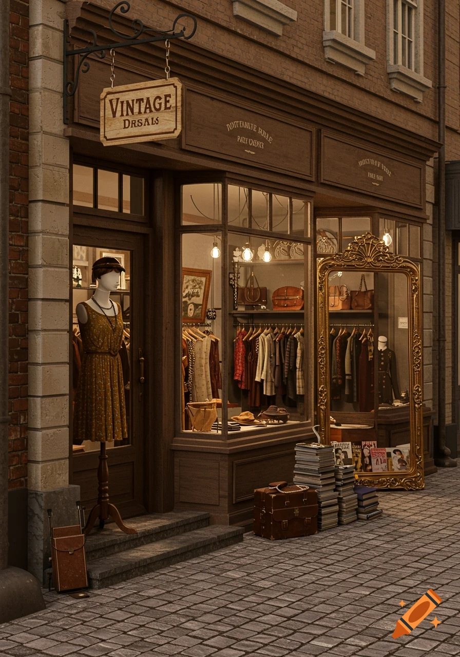 A detailed exterior view of a vintage clothes shop on a cobblestone street, with a mannequin, clothing displays, and a large ornate mirror.