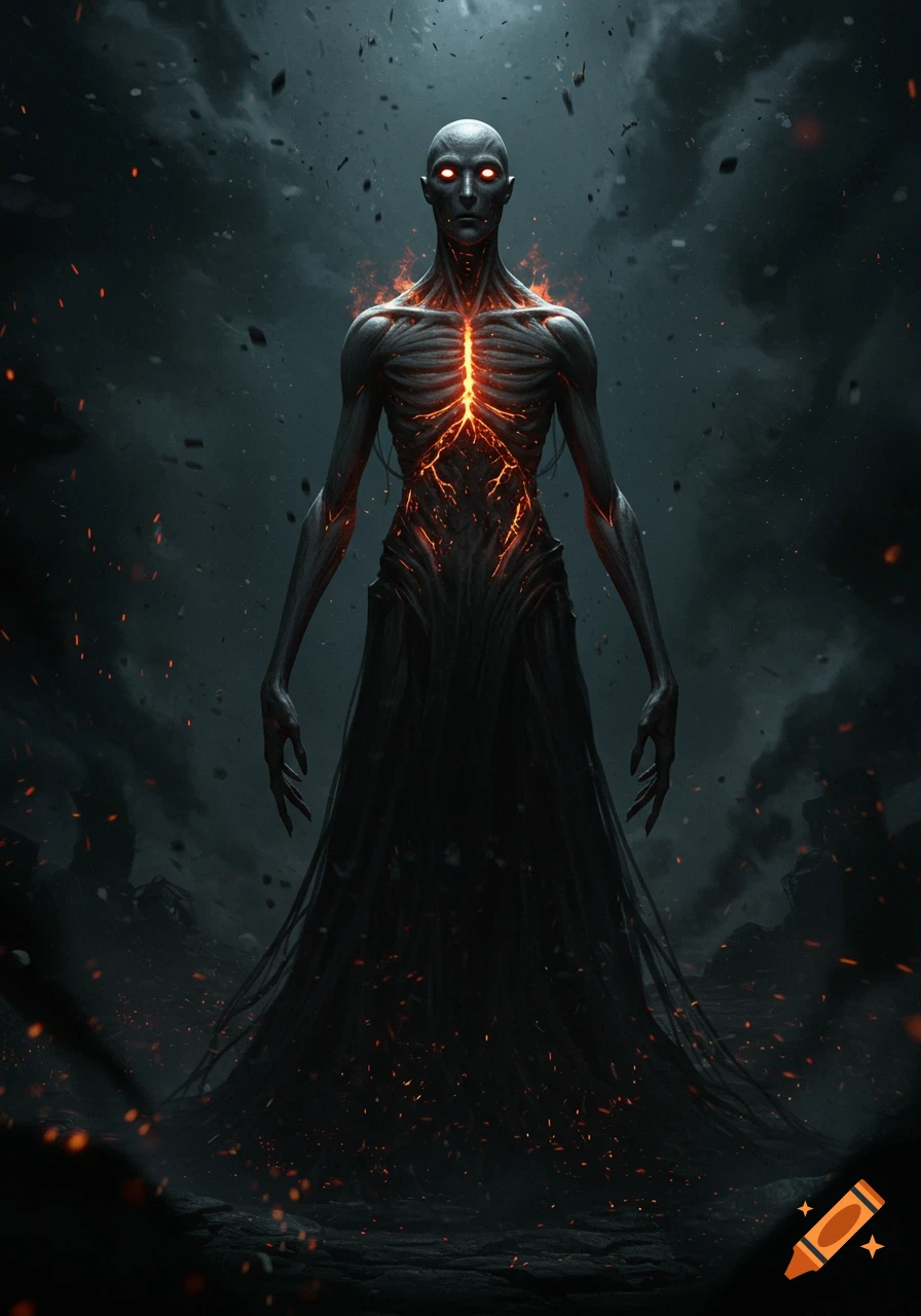 A tall, gaunt dark fantasy figure with glowing red eyes and an orange fiery chest stands in a stormy, ash-filled void.