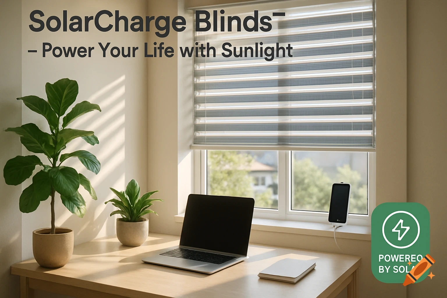 A modern, sunlit room with solar-powered blinds, a desk with a laptop and plants, and a phone charging from the window.