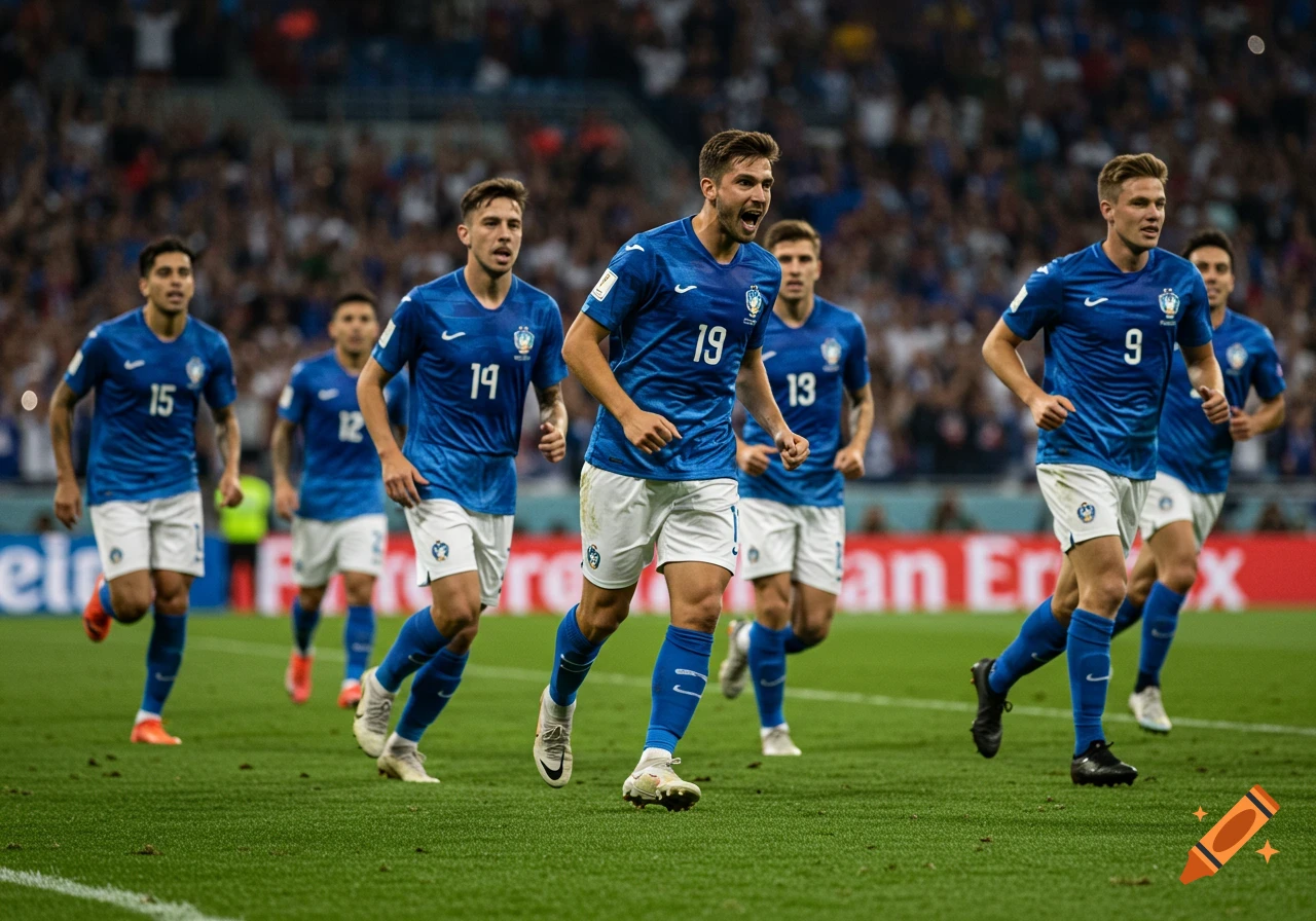 Photorealistic image of several male soccer players in blue uniforms running on a green field during a game.