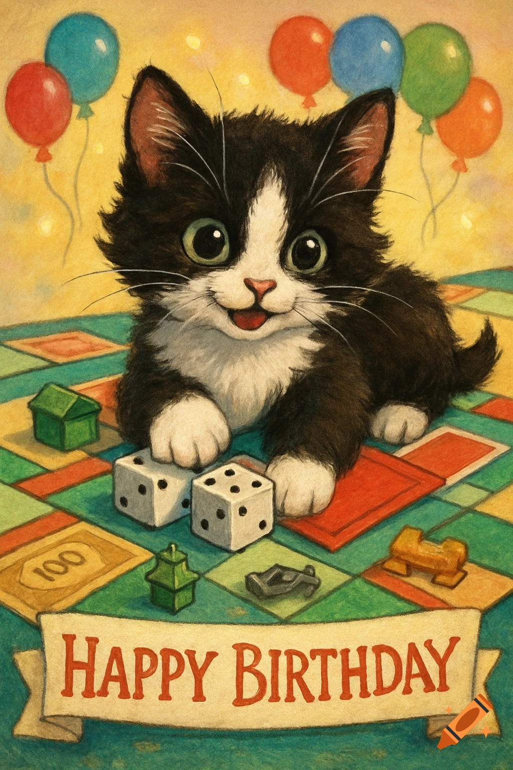 A cute black and white kitten sitting on a Monopoly board with dice, houses, and tokens, under a banner that says "HAPPY BIRTHDAY" with balloons above.