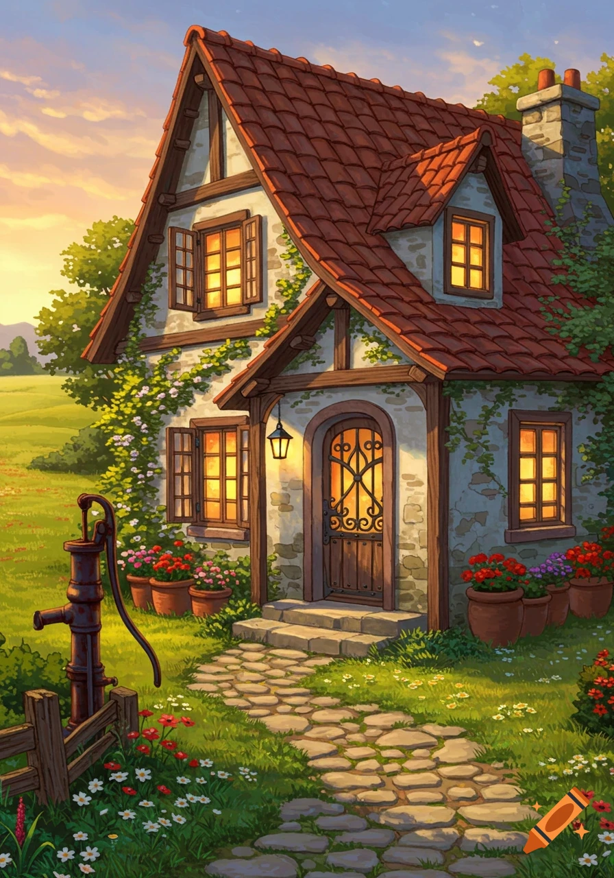 An illustration of a charming cottage with a red roof, glowing windows, a stone path, and a water pump at sunset.