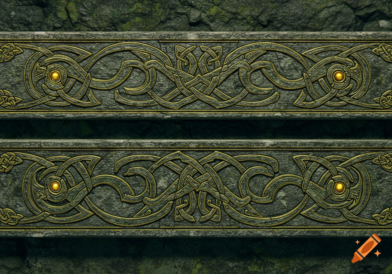 Close-up of two ornamental lines with gold Celtic knot patterns carved into dark stone, reminiscent of Skyrim UI.