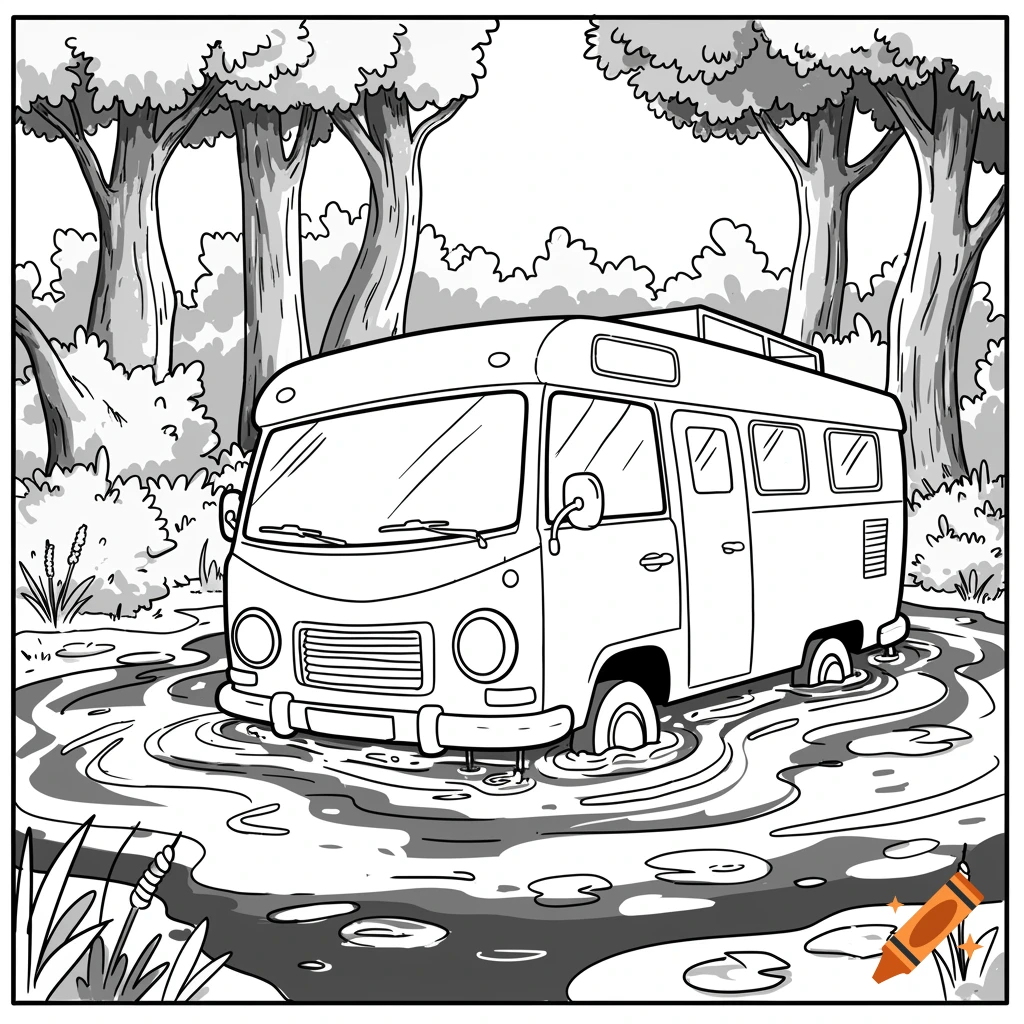 Black and white cartoon illustration of a campervan stuck and sinking in a swamp surrounded by trees.