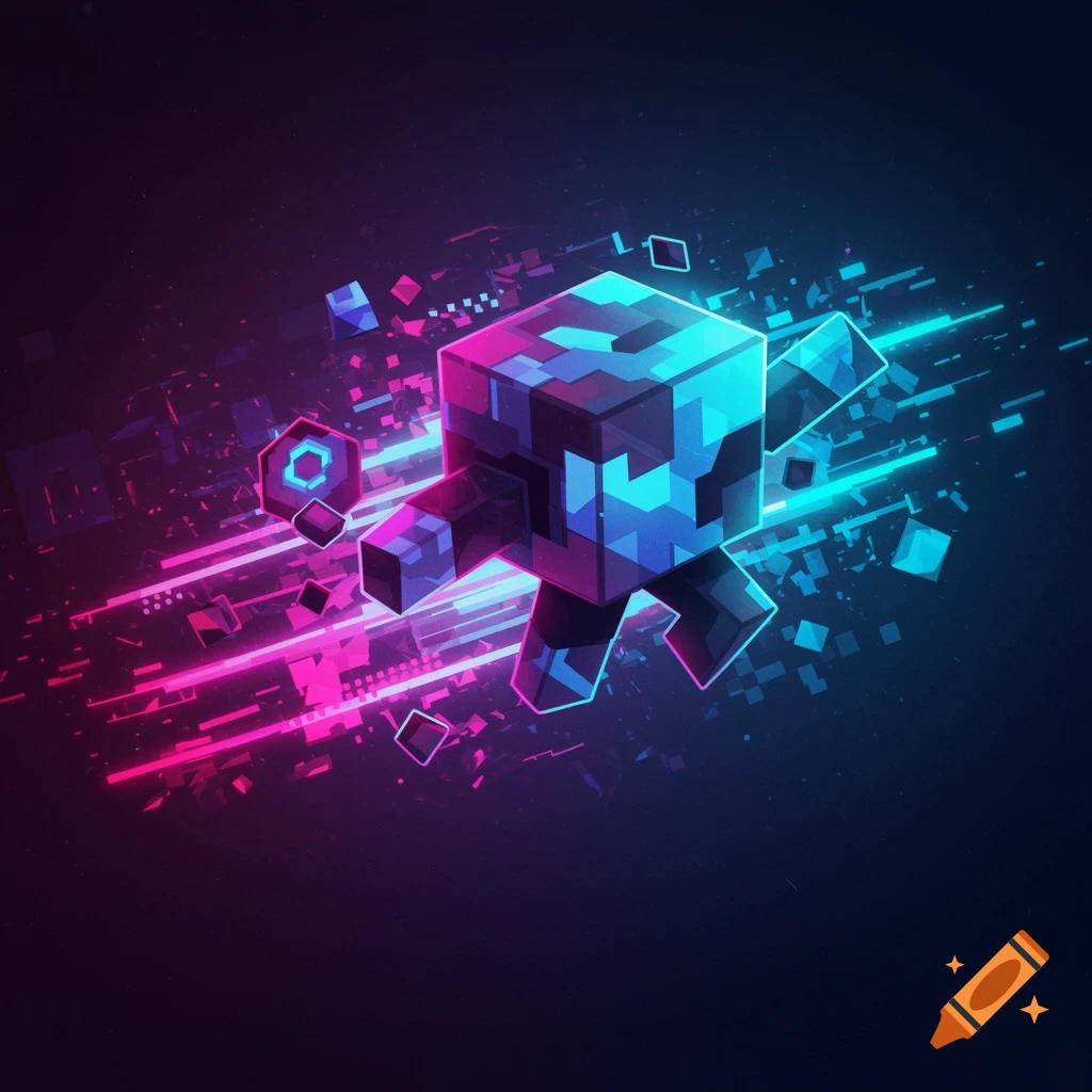 A stylized, blocky character with glowing neon pink and blue pixels explodes into abstract geometric shapes on a dark background.