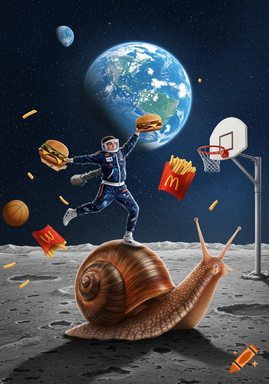 A person in a tracksuit rides a giant snail on the moon, holding hamburgers and fries, with Earth and a basketball hoop in the background.