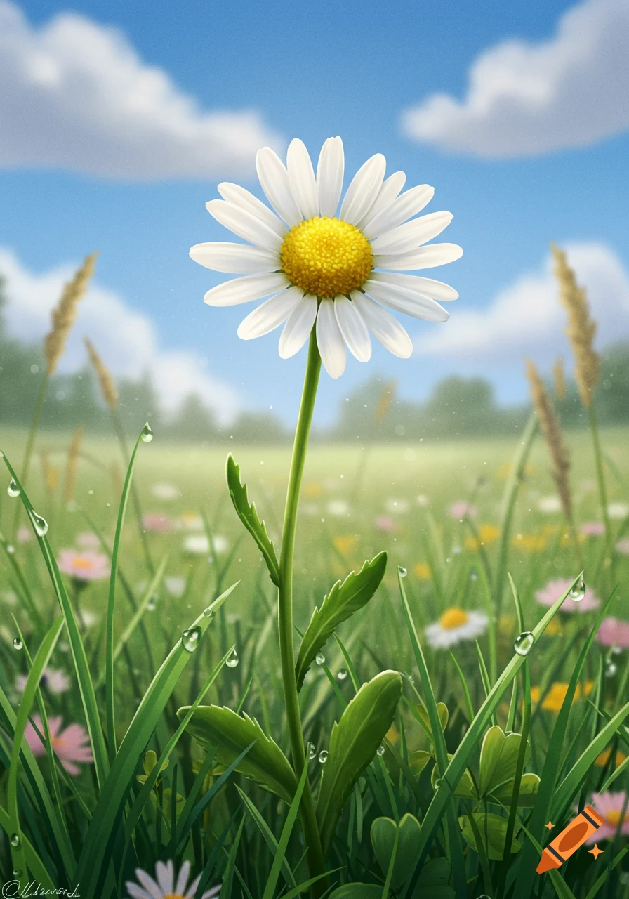 A single white daisy with a yellow center stands tall in a vibrant green field with dew drops under a blue sky with clouds.