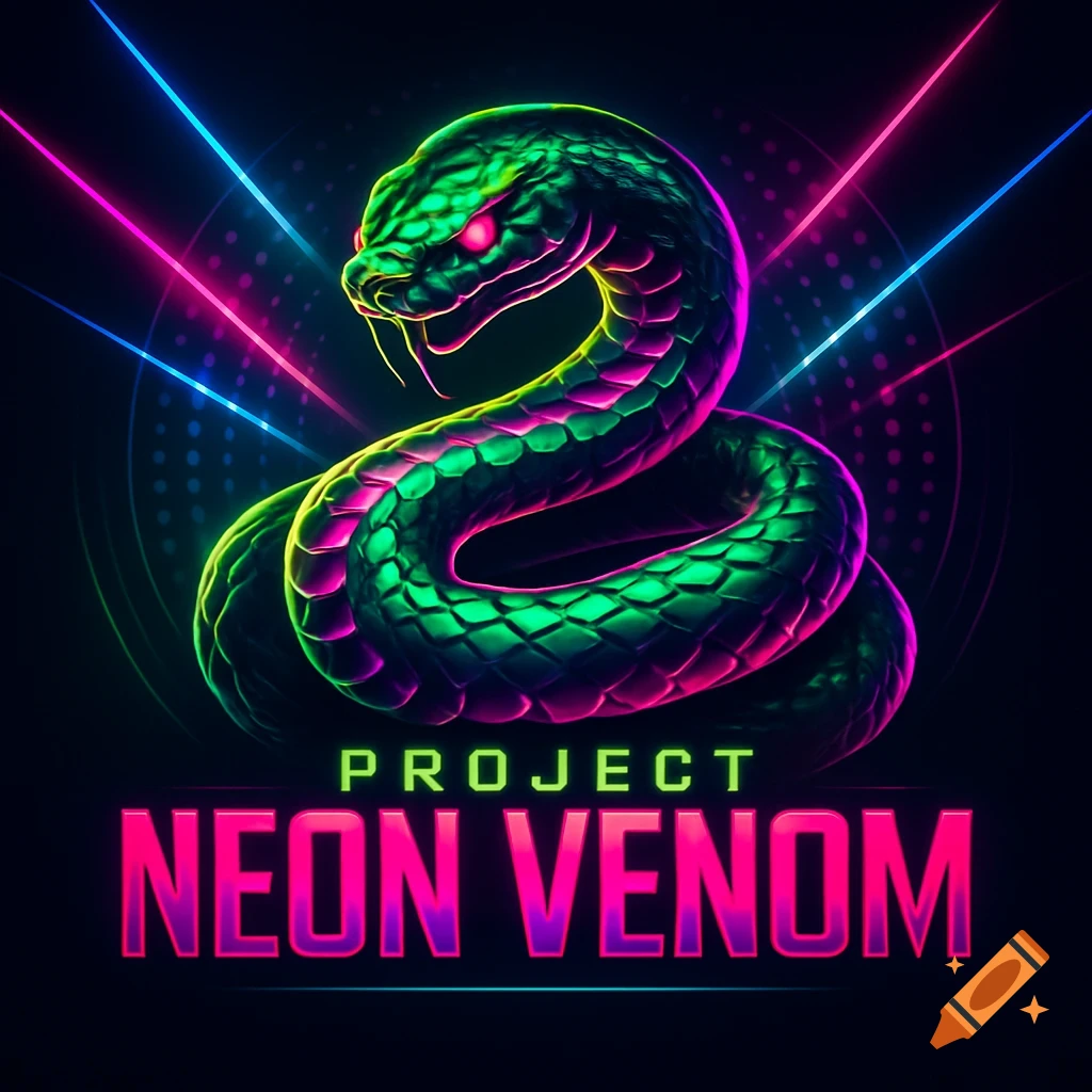 A vibrant neon green and pink coiled snake with glowing pink eyes and fangs, set against a dark background with blue and pink light streaks. Below the snake is the text 'PROJECT NEON VENOM' in glowing pink.