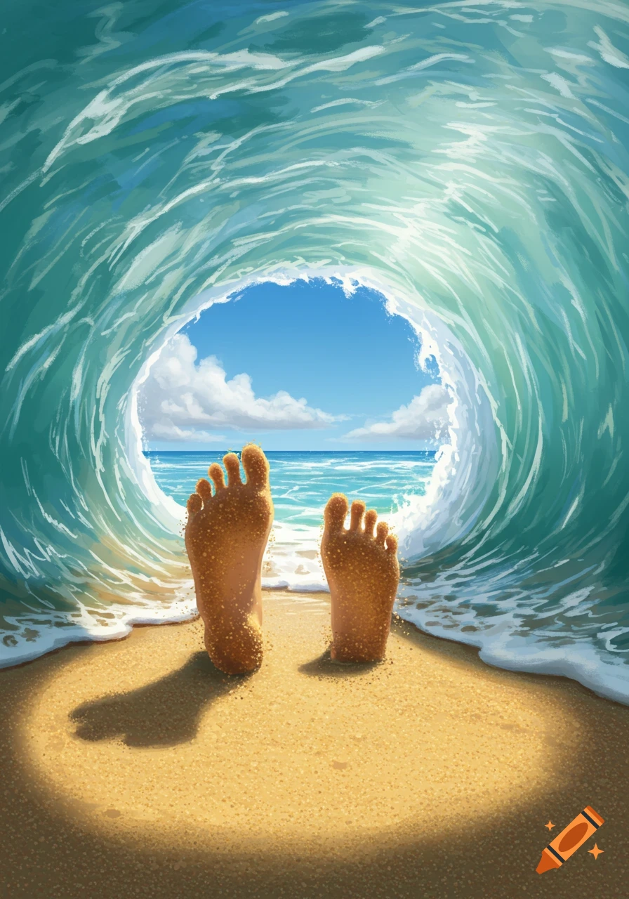 Sandy bare feet on a sunny beach, viewed from a first-person perspective inside a curling ocean wave.