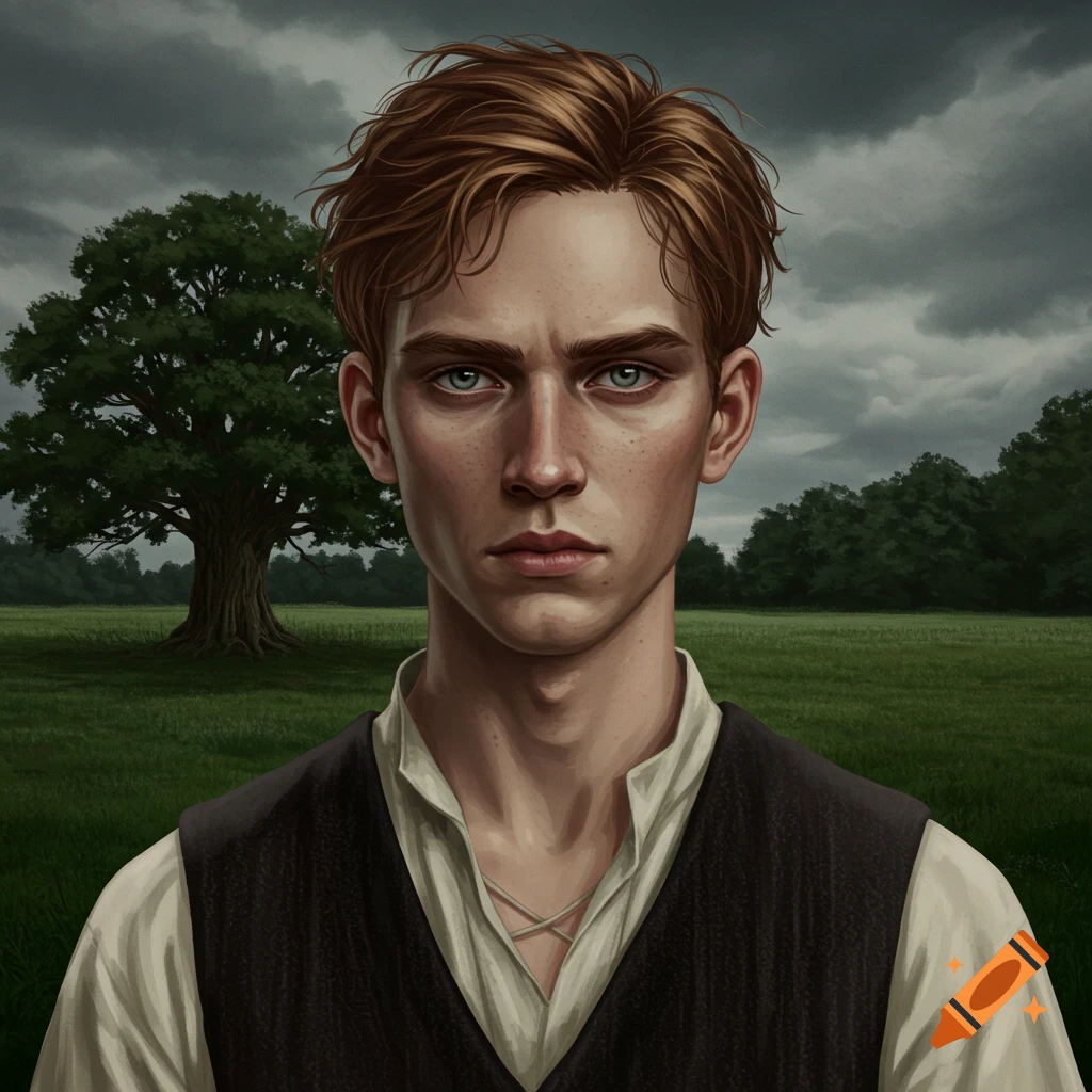 A serious young man with light brown hair and freckles in a white shirt and dark vest stands in a grassy field with a large tree under a cloudy sky. Digital art.