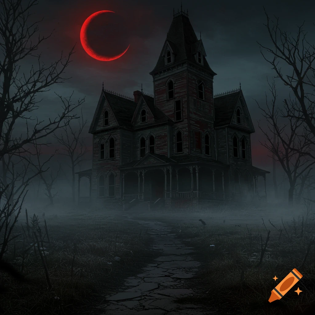 A dark, eerie gothic mansion stands in a foggy landscape under a glowing red crescent moon at night, surrounded by bare trees.