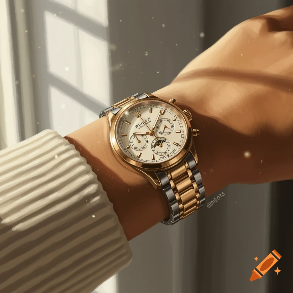 Close-up of a person's wrist wearing a gold and silver watch with a white face, sunlight streaming from a window.