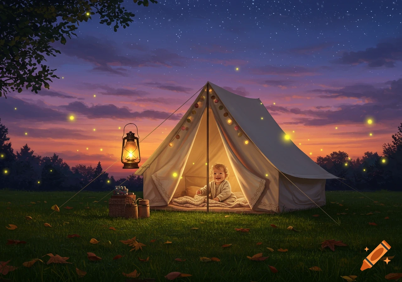 A happy baby sits in a glowing tent at dusk, surrounded by fireflies and a starry sky.