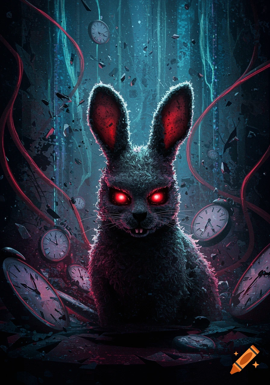 A creepy dark rabbit with glowing red eyes and ears stands amidst floating, broken clocks and red ribbons in a chaotic, dark blue and red environment.