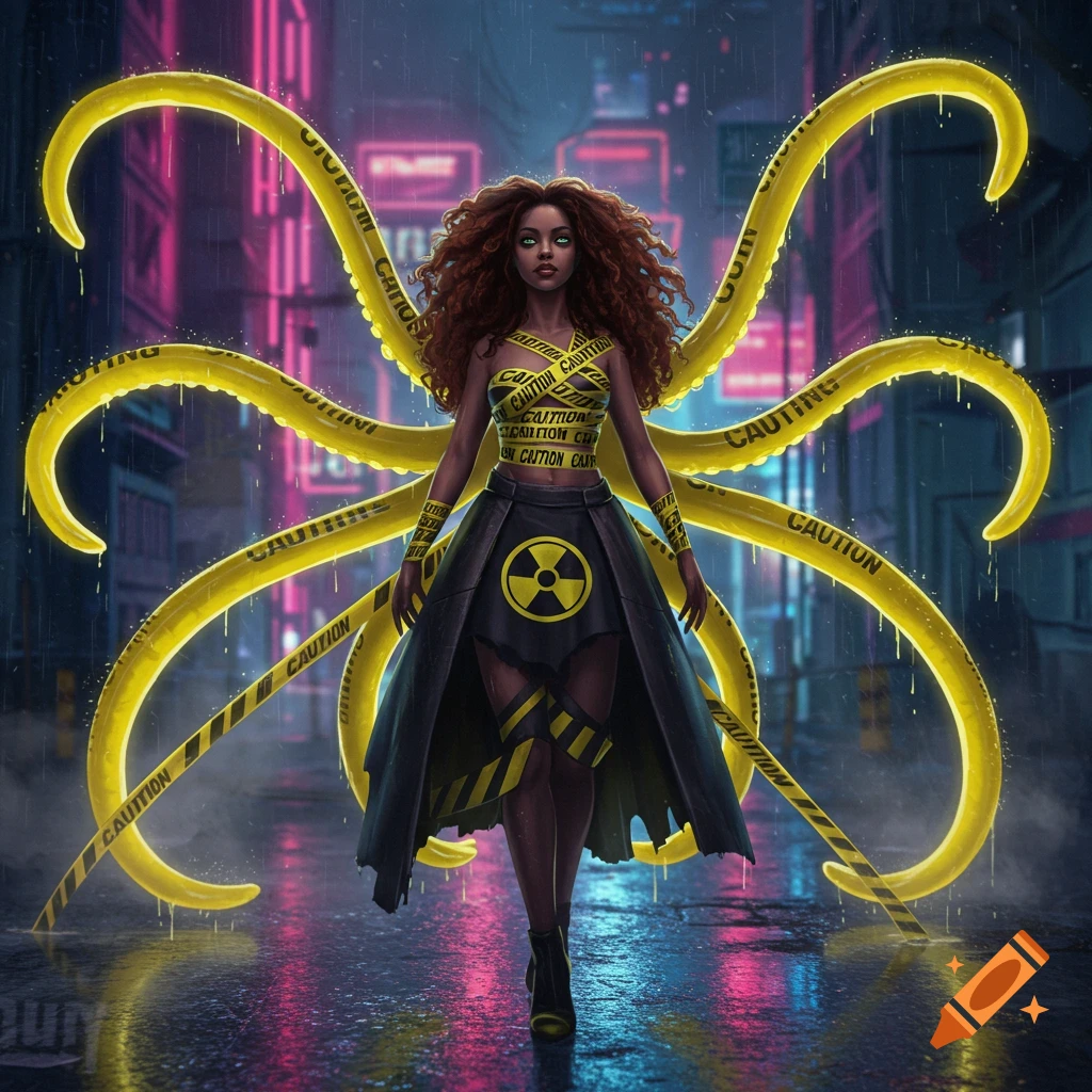 A woman with red curly hair in a futuristic cyberpunk city wears caution tape attire and a skirt with a radioactive symbol, surrounded by glowing yellow tentacles.