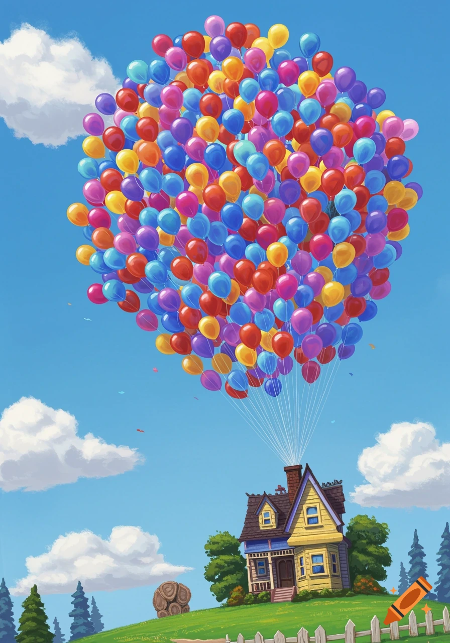 A colorful, cartoon-style house floats through a bright blue sky, lifted by a massive cluster of red, blue, yellow, and purple balloons, above green hills and white clouds.