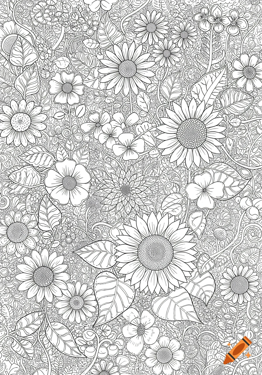 Detailed black and white line art coloring page pattern of various flowers and leaves.