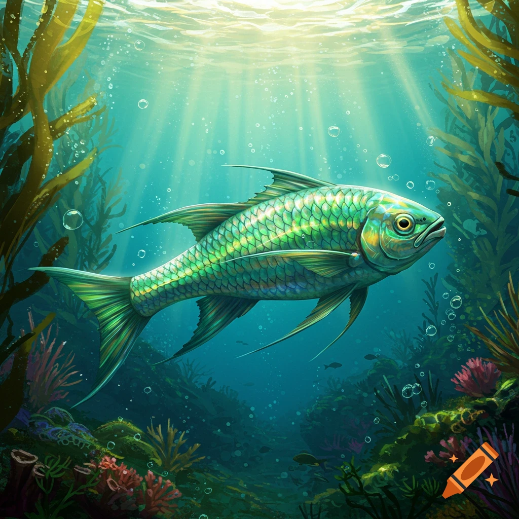 A vibrant green and blue fish swims gracefully in clear blue water, surrounded by kelp and coral with sunlight beaming from above.