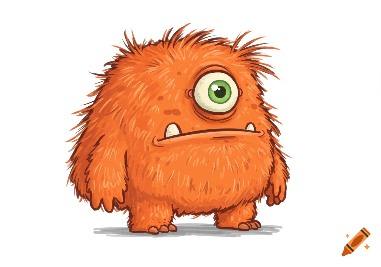 An orange furry cartoon monster with one large green eye and two small fangs, standing on a white background.