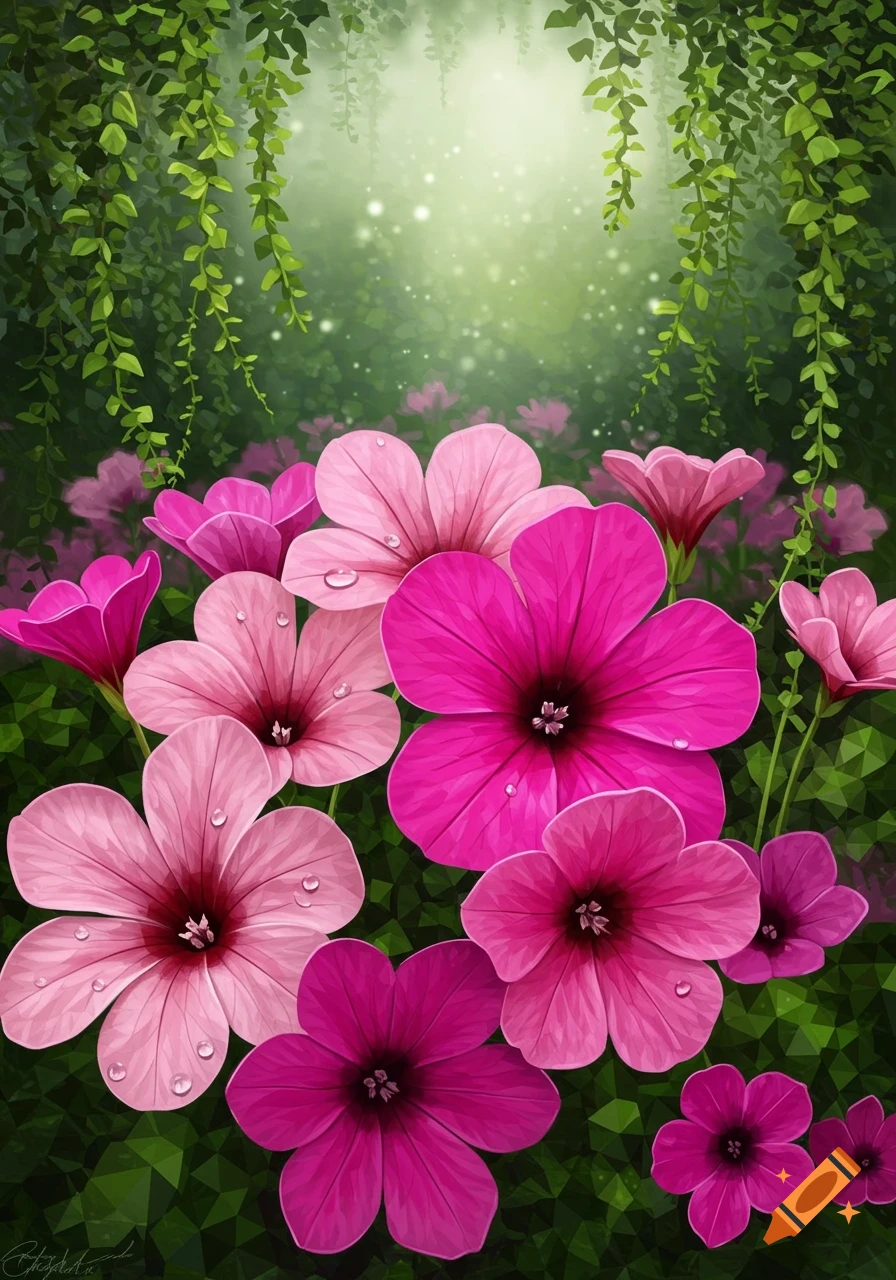 Vibrant pink flowers with water droplets on petals, set against a dark green tessellated background and lush foliage hanging from above.