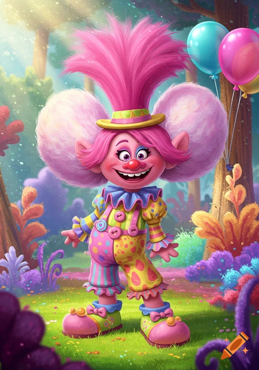 Princess Poppy from Trolls dressed as a clown in a vibrant, colorful forest with balloons.
