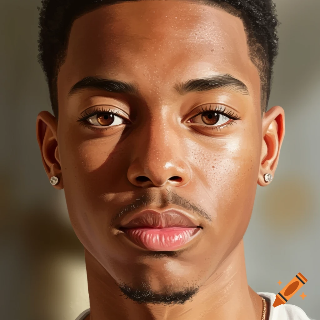 Close-up portrait of a young Black man with a goatee and mustache, wearing two stud earrings and a gold chain, looking directly at the viewer.