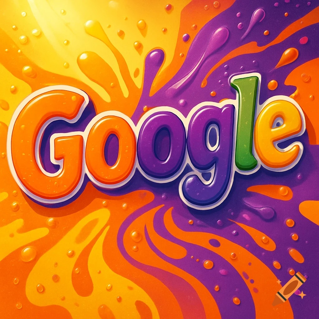Colorful Google logo with a glossy, bubbly, and splashy texture resembling an orange and purple soda drink.