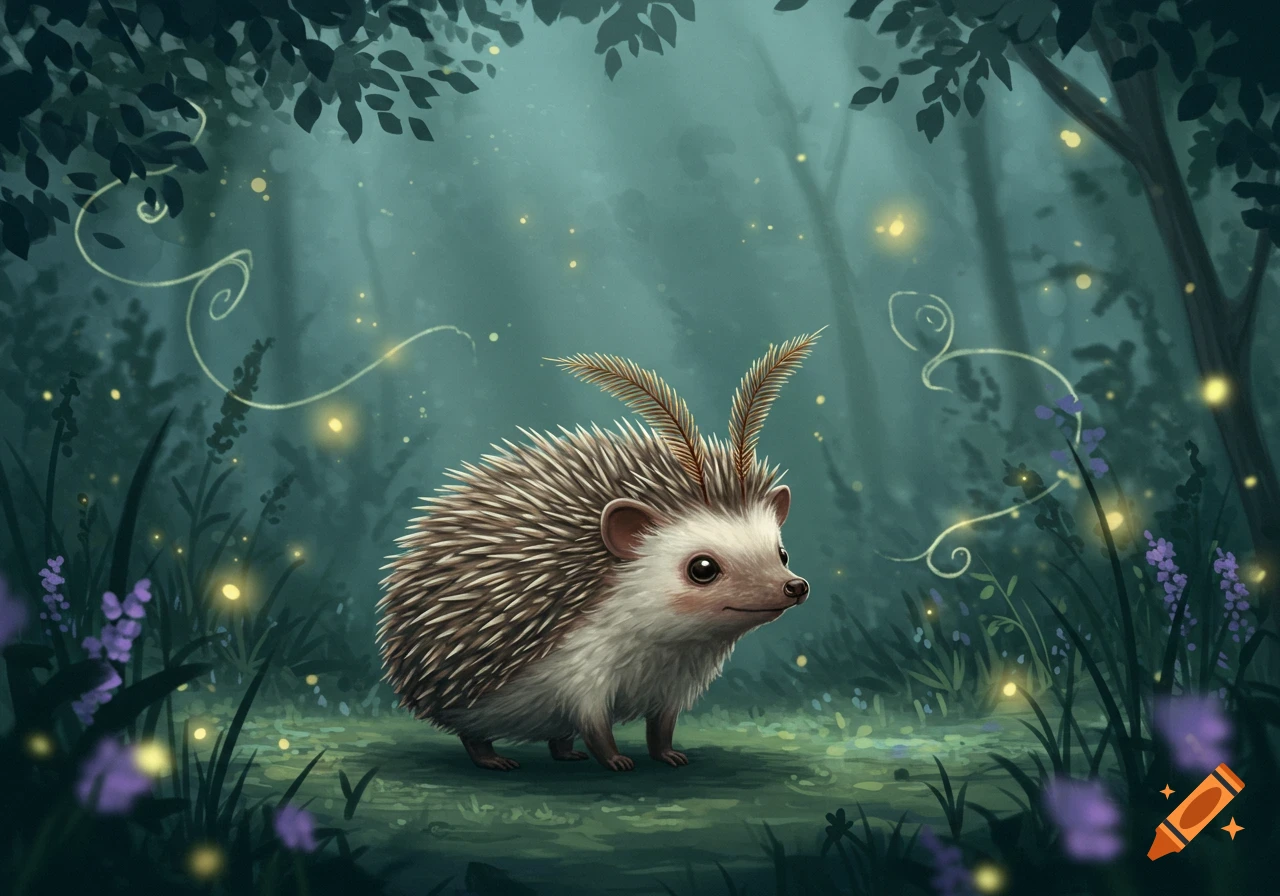 A cute hedgehog-like creature with moth antennae stands in an enchanted forest with glowing lights and purple flowers, digital illustration.